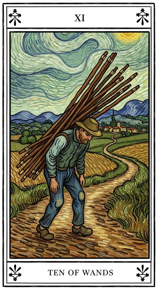 权杖十（Ten of Wands）塔罗牌牌面