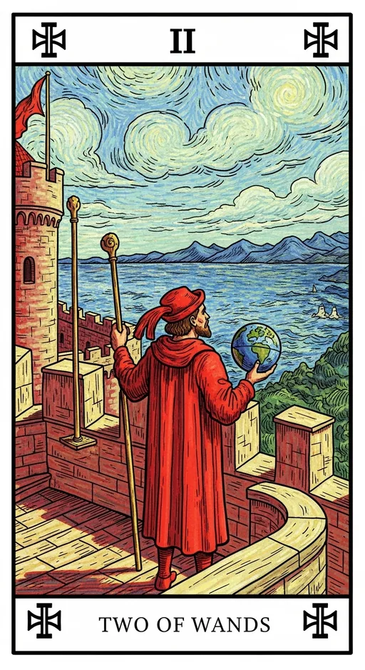 权杖二（Two of Wands）塔罗牌牌面