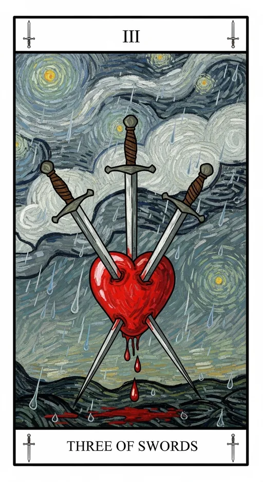 宝剑三（Three of Swords）塔罗牌牌面