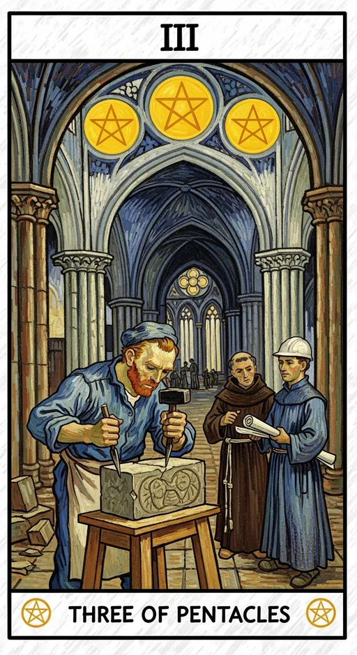 星币三(Three of Pentacles)塔罗牌牌面