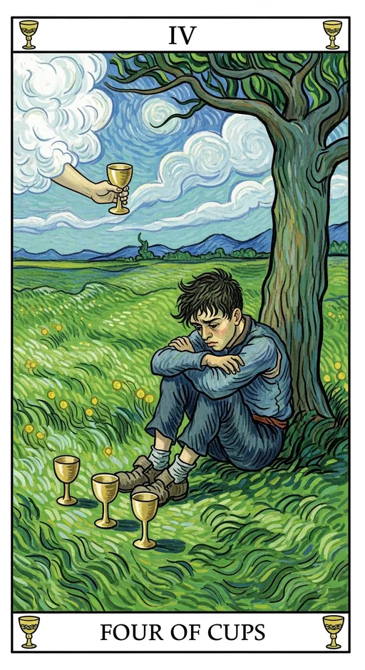 圣杯四（Four of Cups）塔罗牌牌面