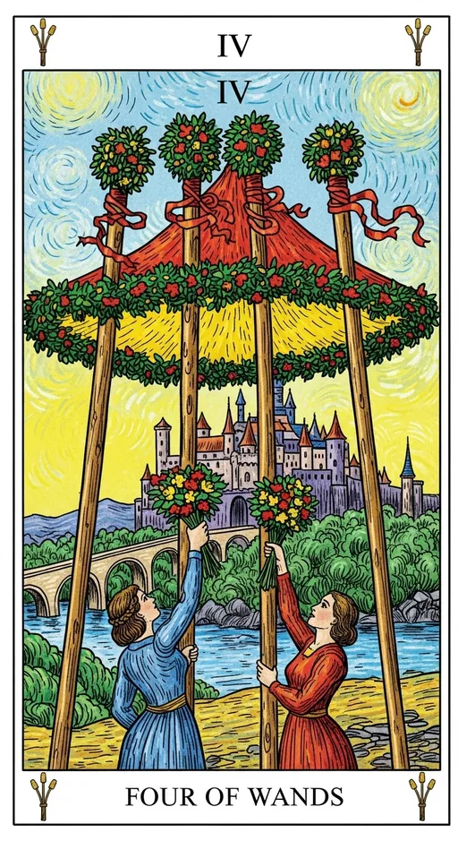 权杖四（Four of Wands）塔罗牌牌面