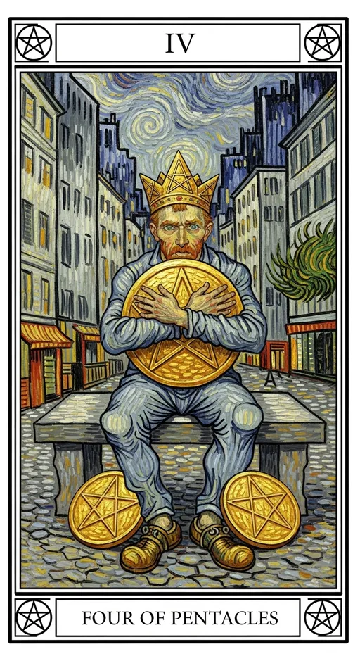 星币四（Four of Pentacles）塔罗牌牌面