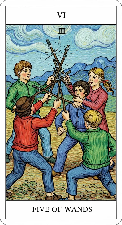 权杖五（Five of Wands）塔罗牌牌面