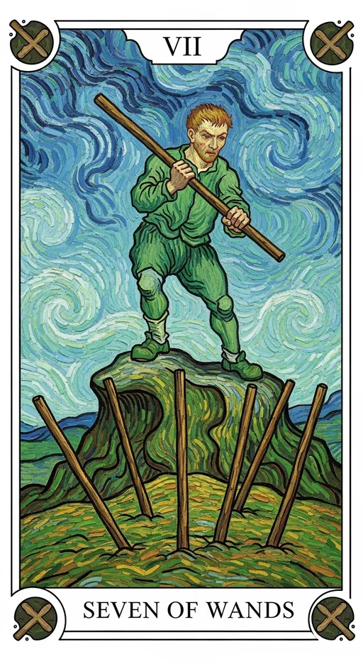 权杖七(Seven of Wands)塔罗牌牌面