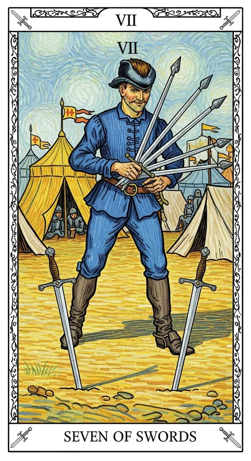宝剑七（Seven of Swords）塔罗牌牌面