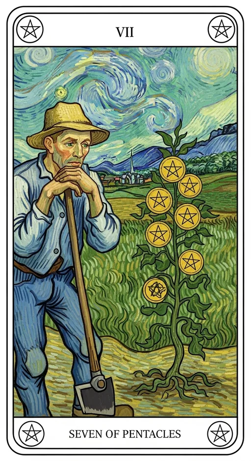 星币七（Seven of Pentacles）塔罗牌牌面