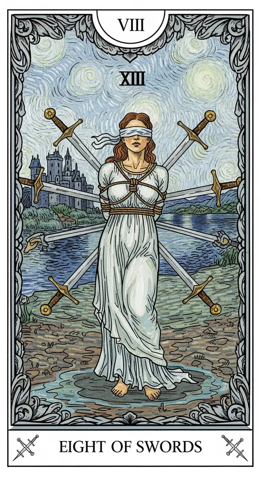 宝剑八(Eight of Swords)塔罗牌牌面