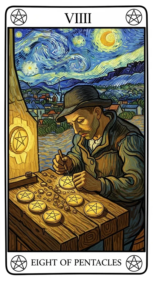 星币八（Eight of Pentacles）塔罗牌牌面