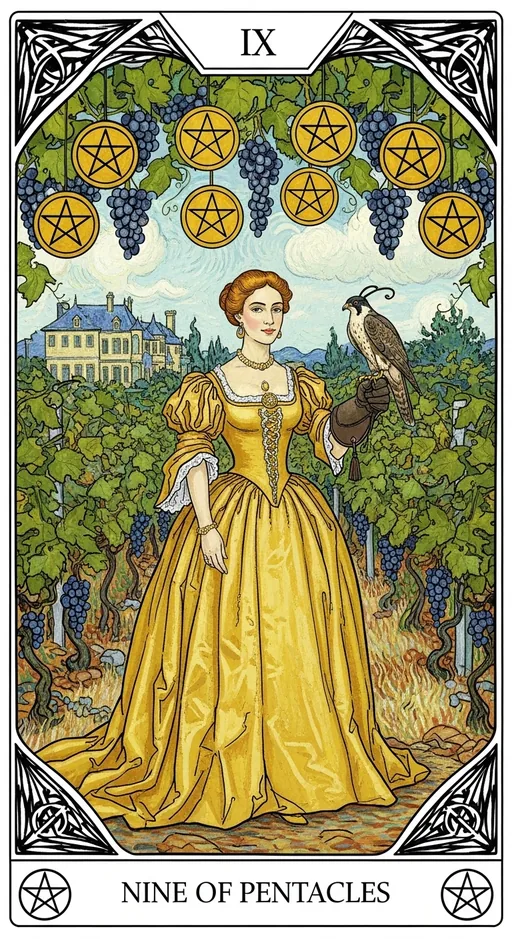 星币九（Nine of Pentacles）塔罗牌牌面