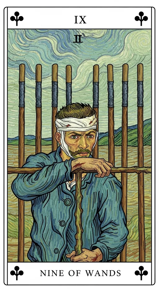 权杖九（Nine of Wands）塔罗牌牌面