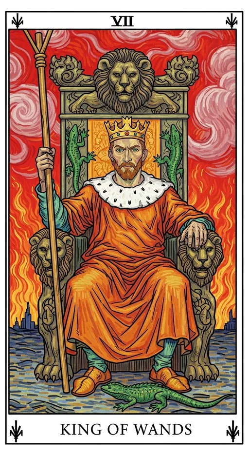 权杖国王（King of Wands）塔罗牌牌面