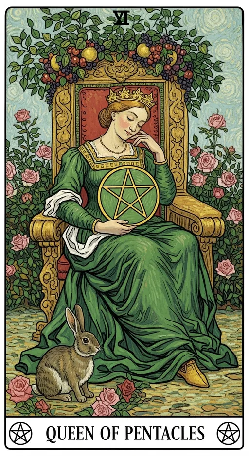 星币皇后（Queen of Pentacles）塔罗牌牌面